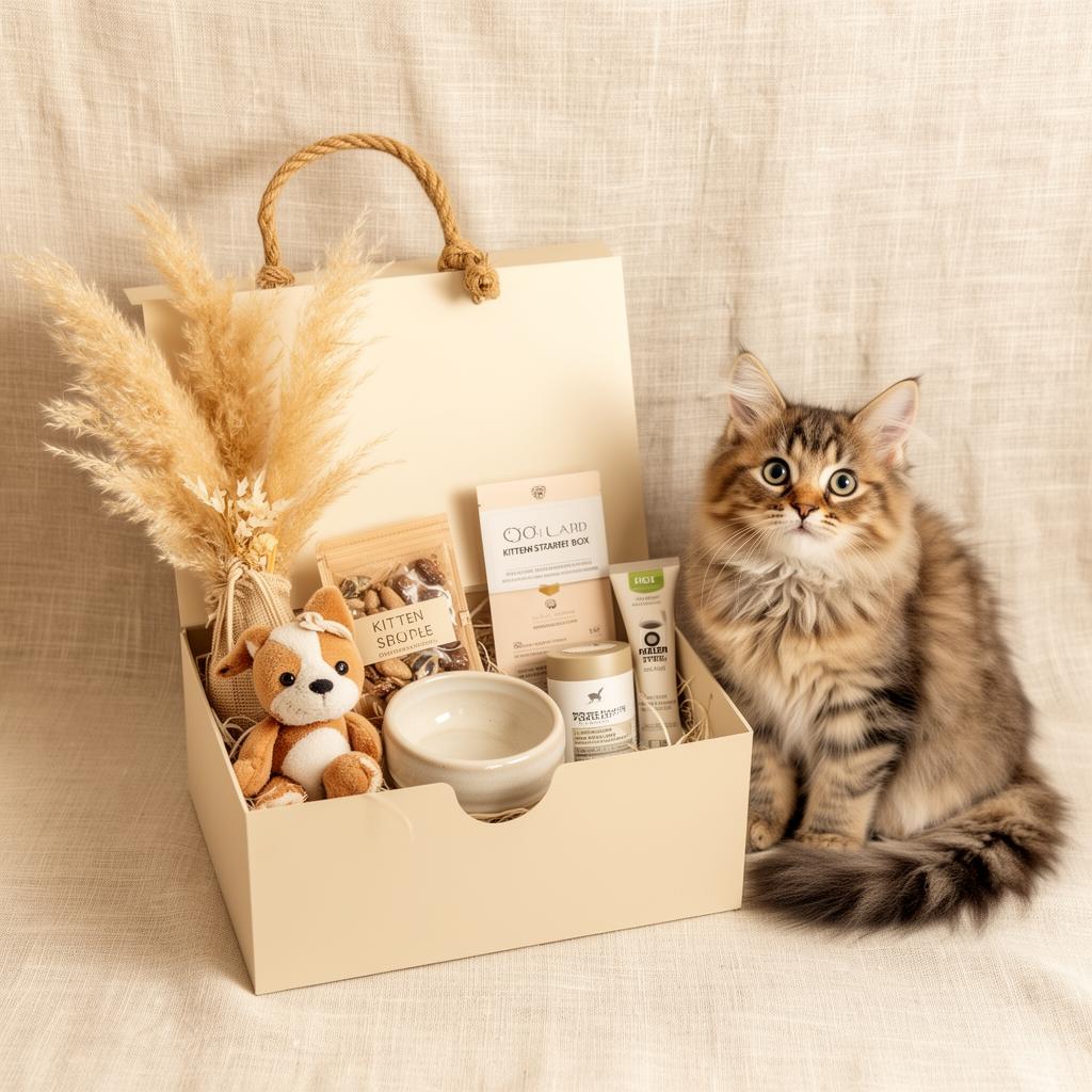 Purrfect Start Box met kitten essentials en een schattige kitten ernaast